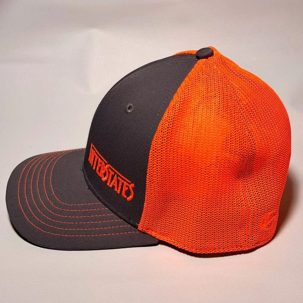 OC Sports Interstates Trucker Hat Grey‎ Neon Orange Mesh Stretch Fit S/M Q3 Cap